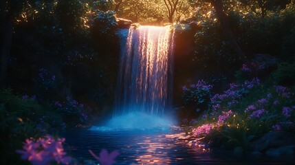 glowing enchanted waterfall magical forest nature high resolution hd wallpaper