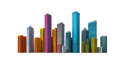 Colorful city skyline with various modern buildings against a black backdrop on transparent background