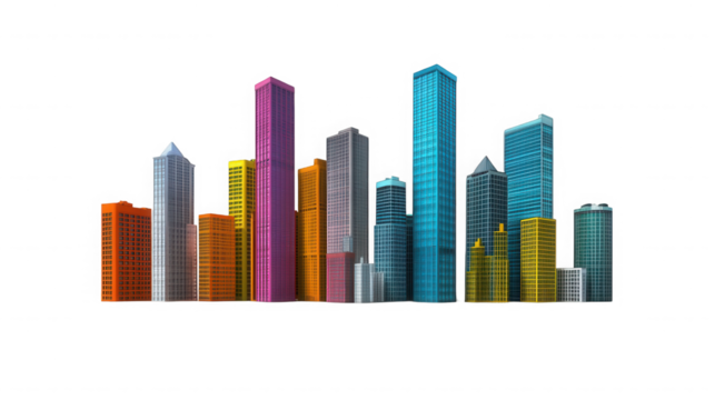 Colorful city skyline with various modern buildings against a black backdrop on transparent background