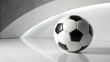 Classic black-and-white soccer ball on a sleek, modern white surface.