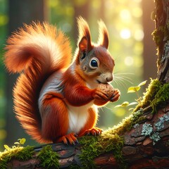Squirrel eating nut, forest setting