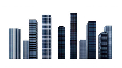 Obraz premium Modern city skyline featuring various skyscrapers against a stark black backdrop on transparent background