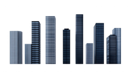 Modern city skyline featuring various skyscrapers against a stark black backdrop on transparent background