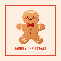 Christmas greeting card with a cute gingerbread man. Christmas gingerbread cookies drawn in a simple, childish style.