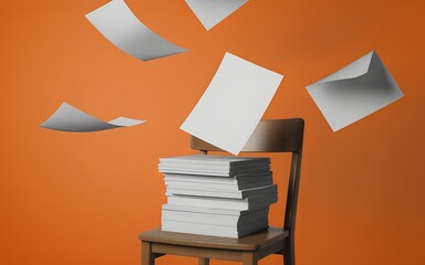 A tall stack of blank white A4 papers on a wooden chair with loose sheets flying against an orange background.