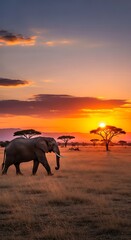Fototapeta premium African Elephant at Sunset in Savanna.