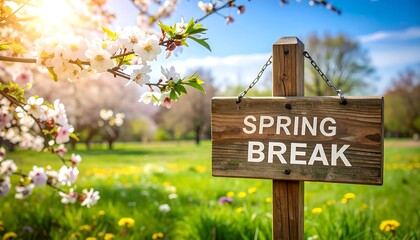 Spring blossoms and a wooden sign announcing spring break