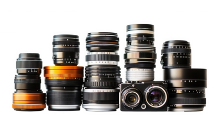 Collection of camera lenses and a camera body studio on transparent background