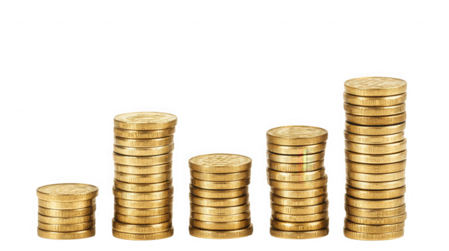 Stacks of golden coins showing financial growth and investment success concept on transparent background