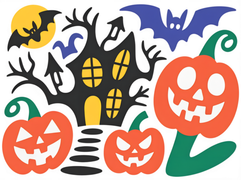 Halloween vector illustration featuring spooky pumpkins, haunted house, bats, and full moon. Perfect for party decorations, invitations, and festive designs.