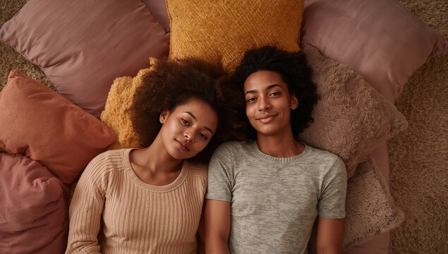 Two people are laying on a bed with pillows and a blanket
