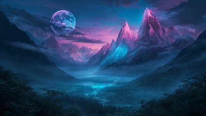 A beautiful mountain landscape with a large blue moon in the sky