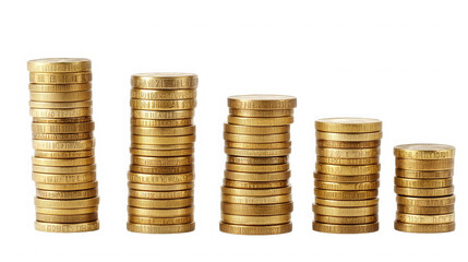 Stacks of golden coins showing financial decrease on transparent background