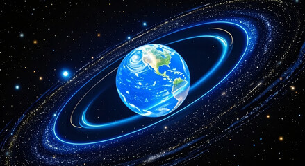 Universe space Earth planet halo exploration technology blue background
