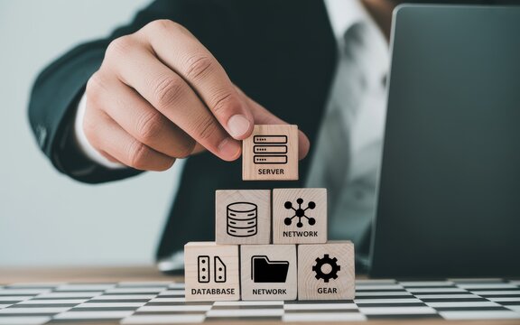 Businessman organizing wooden blocks with technology icons, structuring IT infrastructure with server, database, and network components