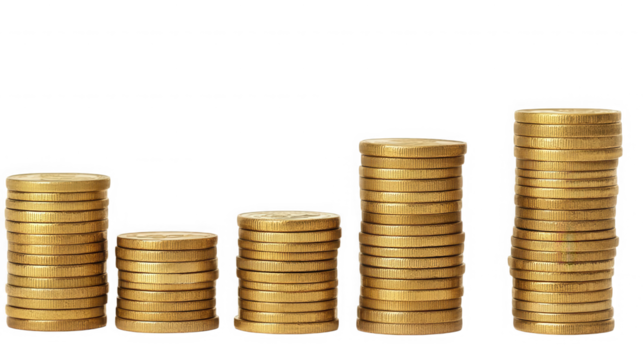 Stacks of gold coins showing financial growth and investment on transparent background - Powered by Adobe