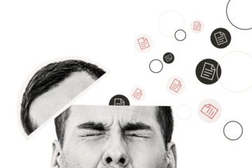 Composite photo collage of upset man frown face cut head delete data folder information business paper isolated on painted background