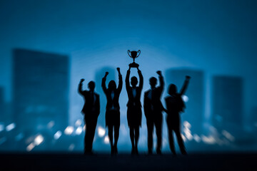 A business team celebrates with a trophy against city lights, symbolizing awards, recognition, and the honor of achievement.