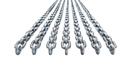 Multiple silver metal chains hanging down against a stark view on transparent background