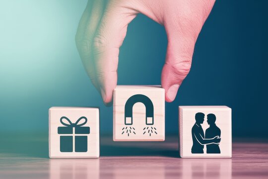 A hand placing a magnet block between gift and customer icons, symbolizing a marketing strategy for client attraction and retention