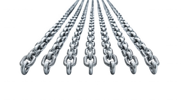 Multiple silver metal chains hanging down against a stark view on transparent background