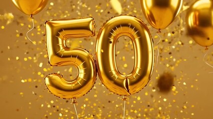 Golden 50th Birthday Celebration with Balloons and Confetti.