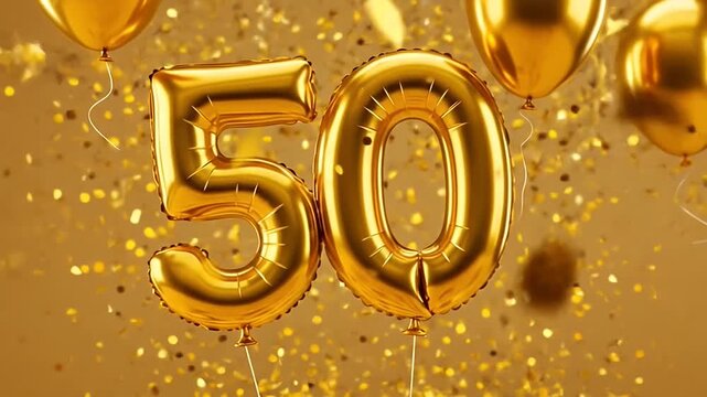 Golden 50th Birthday Celebration with Balloons and Confetti.