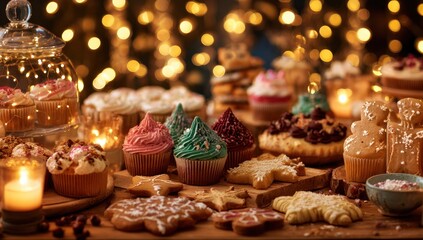 Festive Christmas Dessert Table with Cookies, Cupcakes, and Candies.