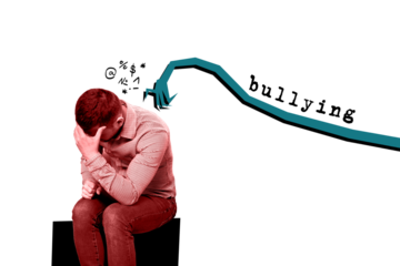 Composite photo collage of offended stressed man scared abuse stereotype bullying problem hate insult isolated on painted background