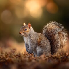 Fototapeta premium Alert Squirrel in Nature's Embrace: A detailed portrait of an alert squirrel, its fur catching the warm hues of autumn, captured in its natural habitat with stunning clarity and depth of field.