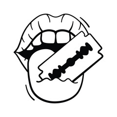 Creepy vampire mouth doodle icon with fangs for horror Halloween
