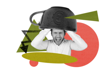 Composite photo collage of upset scream businessman cover euro cup bankrupt arrow recession work failure isolated on painted background