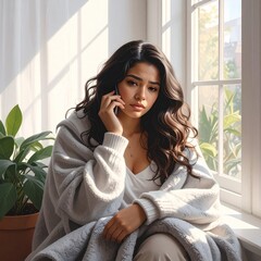 Portrait of a sad young Hispanic woman sitting by bright window. Holding a phone to her ear with worried expression. She clutches a blanket over her shoulders. Conveying emotional stress. High quality