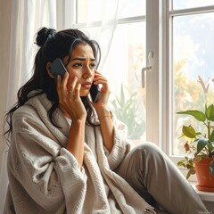 Portrait of a sad young Hispanic woman sitting by bright window. Holding a phone to her ear with worried expression. She clutches a blanket over her shoulders. Conveying emotional stress. High quality