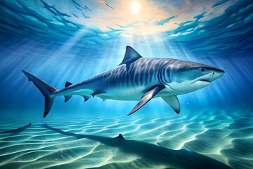 Tiger shark gracefully glides through clear ocean water, sun rays dancing on the sandy seabed below the surface