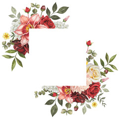 Square frame with autumn flowers. Red roses, lily, dahlia, leaves. Hand drawn watercolor illustration.