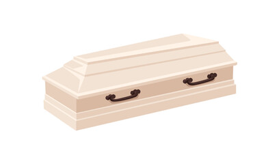 Coffin, burial funeral ritual casket, closed with lid. Wooden mourning box for death, dead. Funereal religious ceremony case for deceased entomb. Flat vector illustration isolated on white background.