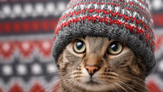 Cat wearing a cozy knitted hat poses for a charming indoor portrait against a festive background