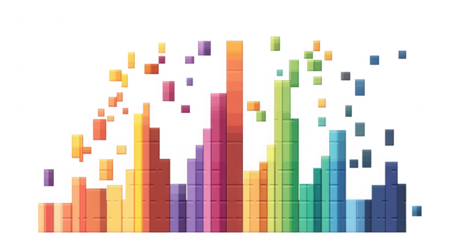Colorful pixelated bar graph with a showing data visualization on transparent background
