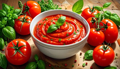 Bowl of vibrant tomato sauce surrounded by fresh tomatoes and herbs