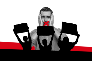 Collage 3d image of pinup pop retro sketch of rights protest revolution mute mouth politics bizarre unusual fantasy billboard