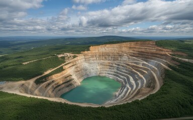 Aerial view of open pit mine quarry mining industry landscape with water and green trees environment 100