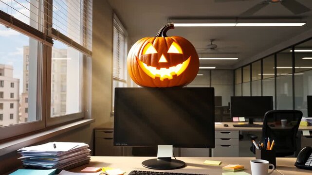 Halloween pumpkin with carved face on office computer monitor  