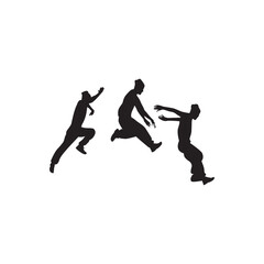 Dynamic jumping figures. Three action silhouettes mid-jump, sport, motion, teamwork.