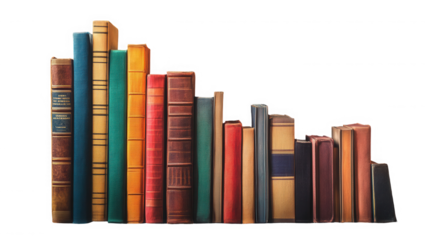 Collection of vintage books standing in a row against a on transparent background