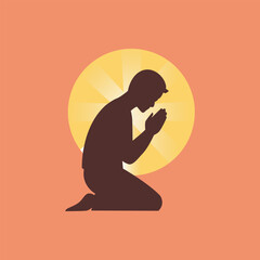 Kneeling prayer silhouette. Person kneeling with radiant sun, devotion, worship, faith.