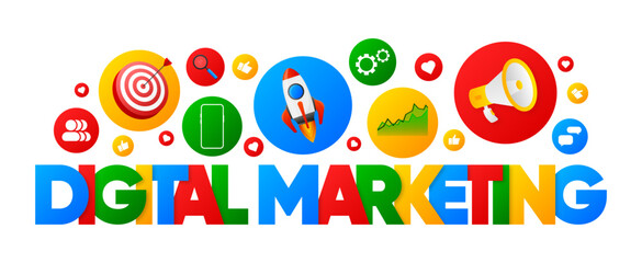 Digital Marketing strategy. Branding, website development, advertising, social media marketing and content management. Concept of social media marketing development. Vector illustration.