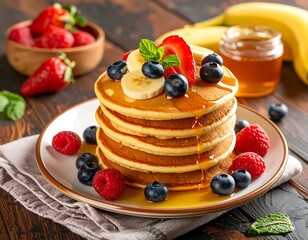 Stack of pancakes topped with fresh berries and bananas.  Drizzled with honey