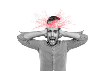 Creative drawing collage picture of amazed man headache mental health problem anxiety billboard...