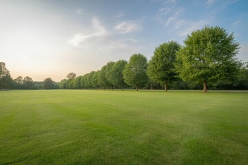 Naklejka premium Beautiful landscape of green field with trees and sky for nature background and wallpaper usage online